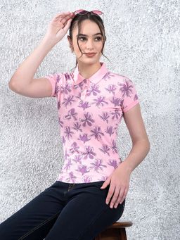 CRIMSOUNE CLUB - Women Pink Floral Polo T-shirt