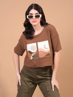 CRIMSOUNE CLUB - Women Brown Cotton Blend Round Neck T-Shirt