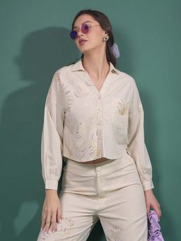 CRIMSOUNE CLUB - Women Beige Embroidered Crop Length Shirt