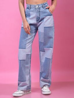 CRIMSOUNE CLUB - Women Blue Color-Blocked Wide-Leg 100% Cotton Jeans