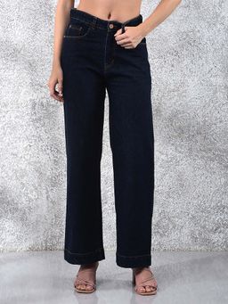 CRIMSOUNE CLUB - Womens Flowy Navy Blue Wide Leg Cotton Jeans