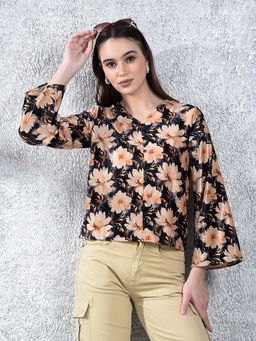 CRIMSOUNE CLUB - Women Peach Floral Print V-Neck Top