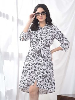 CRIMSOUNE CLUB - Womens White Floral Print Mini Shirt Dress with Belt