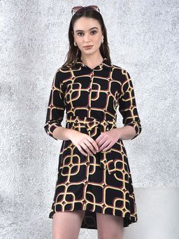 CRIMSOUNE CLUB - Womens Black Printed Collar Neck Shirt Belted Dress