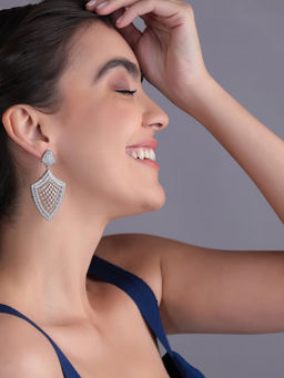 Shaze - Silver Rhodium-Plated Cubic Zirconia Shield Drop Earrings for Women