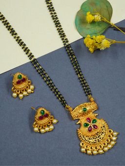GRIIHAM - Gold-Plated Stone-Studded Beaded Mangalsutra with Earrings