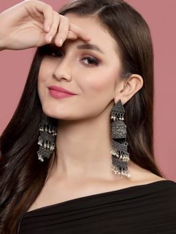 PANASH - Black Oxidized Silver Toned Contemporary Drop Earrings