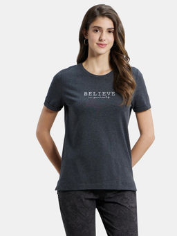 Jockey - A124 Women Cotton Rich Elastane Printed Round Neck T-Shirt - Black Melange