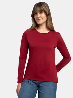 Jockey - A140 Women Cotton Rich Solid Round Neck Full Sleeve T-Shirt - Rhubarb