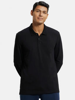Jockey - AM96 Men Cotton Rich Pique Fabric Solid Full Sleeve Polo T-Shirt - Black