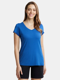 Jockey - RX12 Women Micro Modal Cotton Relaxed Fit Solid V Neck T-Shirt - Blue Quartz