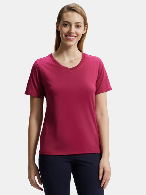 Jockey AW89 Women Super Combed Cotton Rich Fabric V-Neck T-Shirt - Red Plum