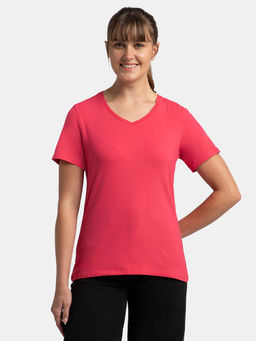 Jockey - 1359 Women Super Combed Cotton Elastane Solid V Neck T-Shirt - Ruby