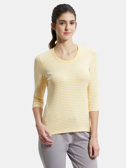 Jockey - 1360 Women Cotton Slim Fit Striped 3/4th Sleeve T-Shirt - Banana Cream and White