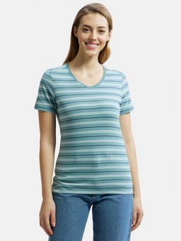 Jockey - AW22 Women Cotton Elastane Regular Fit Striped V Neck T-Shirt-Old cloud Green (XXL)