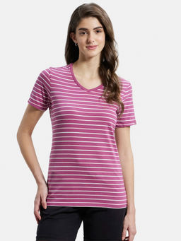 Jockey - AW22 Women Cotton Elastane Regular Fit Striped V Neck T-Shirt-Mauvewood Purple