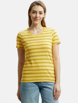 Jockey - AW22 Women Cotton Elastane Regular Fit Striped V Neck T-Shirt - Golden Rod