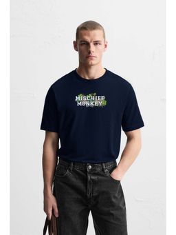 MISCHIEF MONKEY - Men Navy Blue Graphic Printed T-shirt