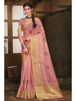 EXCLUSIVA - Pink Organza Saree with Unstitched Blouse