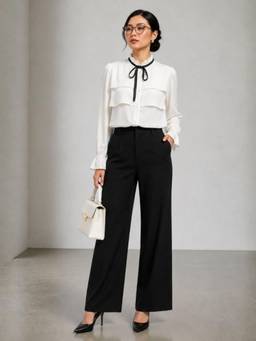 Virgio - Women Polyester Ruffle Neck Solid Cream Shirt
