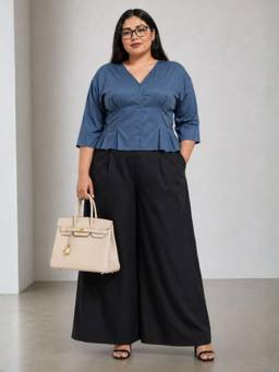 Virgio - Blue Viscose Pleated Wrap Peplum Top