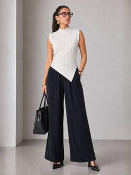 Virgio - White Cotton High Neck Striped Top