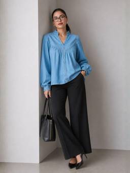 Virgio - Blue Cotton Gathered Yoke Boxy Denim Top