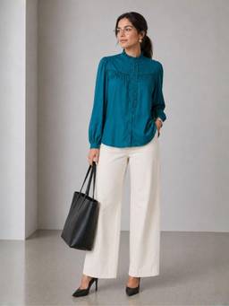 Virgio - Teal Solid Viscose Mandarin Collar Shirt for Women