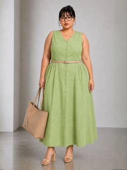 Virgio - Green Solid Cotton V-Neck Maxi Plus Size Dress for Women