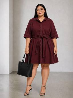 Virgio - Maroon Solid Cotton A-Line Belted Plus Size Dress for Women