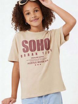 max - Girls Beige Typography Printed T-shirt