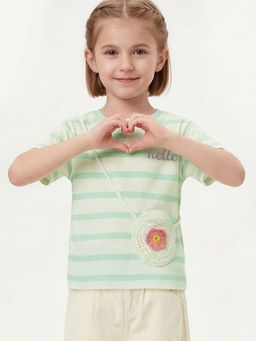 max - Girls Green Striped Crochet Detail T-shirt