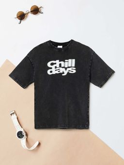 max - Boys Black Washed Oversized Text Printed T-shirt