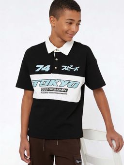 max - Boys Black Oversized Text Printed Polo T-shirt