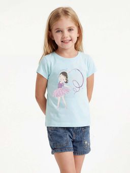 max - Girls Blue Glitter Graphic Printed T-shirt