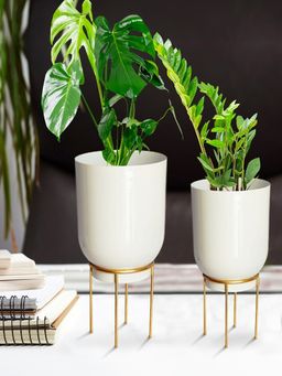 Ecofynd - Eva White Metal Plant Pot With Stand (Set Of 2)