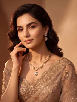 ADIVA - Gold-Plated Ad Stone Floral Pendant Necklace and Drop Earrings Jewellery Set