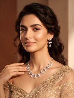 ADIVA - Gold-Plated Ad Stone Floral Statement Necklace and Stud Earrings Jewellery Set