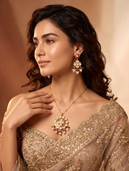 ADIVA - Gold-Plated Orange and Pink Kundan Pearl Pendant Necklace Drop Earrings Jewellery Set