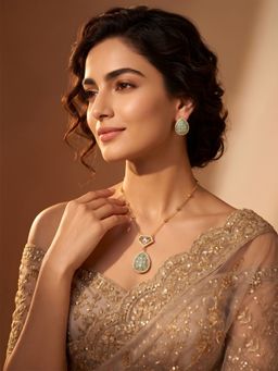 ADIVA - Gold-Plated Mint Green Ad Stone Teardrop Pendant Necklace and Stud Earrings Jewellery