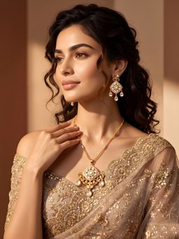 ADIVA - Gold-Plated Pink Kundan Pendant Necklace and Drop Earrings Jewellery Set