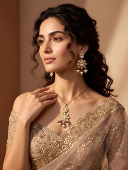 ADIVA - Gold-Plated Pink Kundan Pearl Pendant Necklace and Drop Earrings Jewellery Set