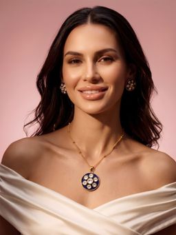 ADIVA - Gold-Plated Blue Kundan Pendant Necklace and Stud Earrings Jewellery Set