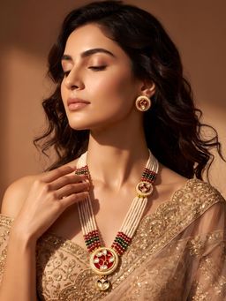 ADIVA - Gold-Plated Kundan Pearl Beaded Layered Pendant Necklace Stud Earrings Jewellery Set
