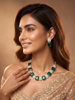 ADIVA - Silver-Plated Green Ad Stone Statement Necklace and Stud Earrings Jewellery Set