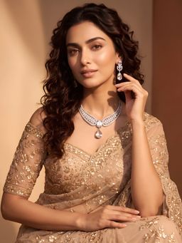 ADIVA - Silver-Plated Ad Stone Statement Pendant Necklace and Drop Earrings Jewellery Set