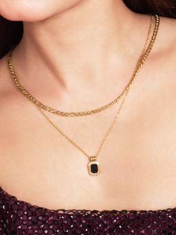 ELRA - 18K Gold Plated Onyx Layered Necklace Stainless Steel Waterproof and Anti-Tarnish