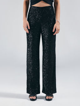 Twenty Dresses by Nykaa Fashion - Black Sequin High Waist Straight Pants