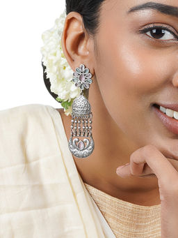 Teejh - Bina Floral Pink & Green Silver Oxidised Earrings