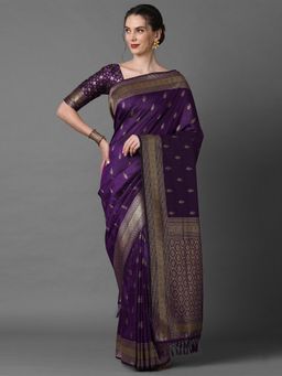 Akhilam - Women Silk Blend Purple Woven Design Designer Saree with Unstitched Blouse